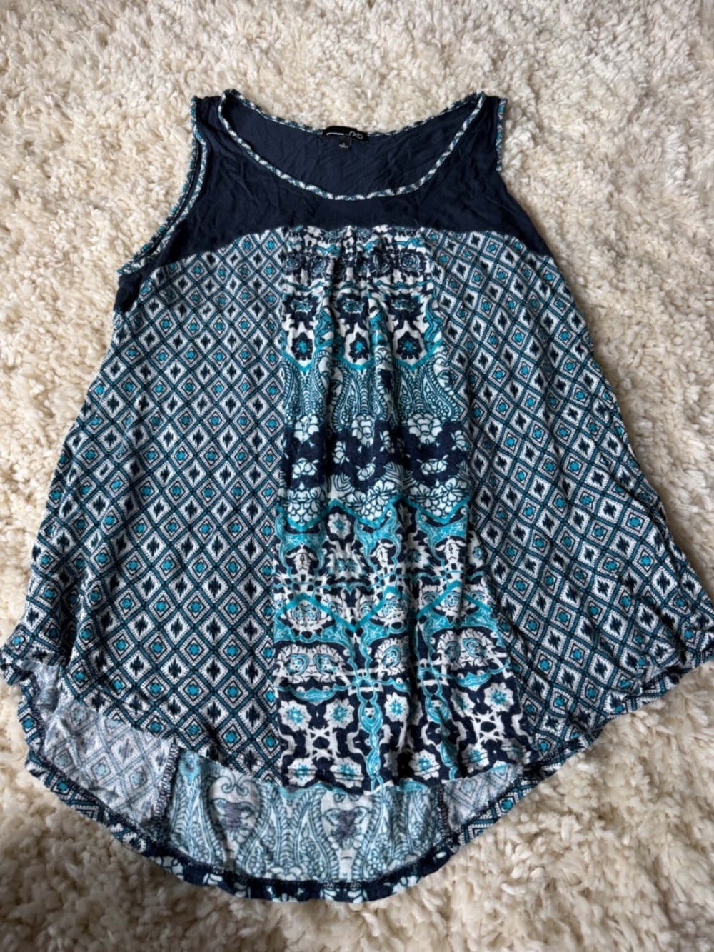 Sleeveless RXB Navy and Teal Mixed-Print Sleeveless spring summer flowy Tank top - Picture 3 of 4